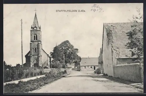 AK Staffelfelden /O.-Els., Église et rue principale du village