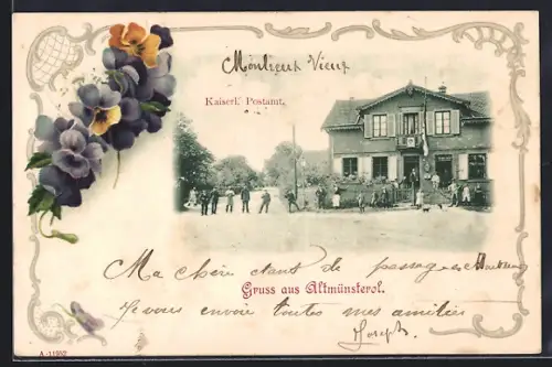 AK Montrieux, Kaiserliches Postamt, Rahmen mit Stiefmütterchen