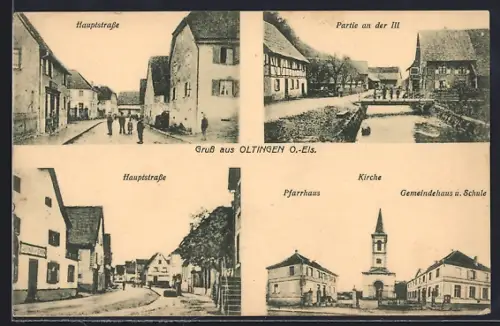 AK Oltingen /O.-Els., Hauptstrasse, Partie an der Ill, Pfarrhaus, Kirche, Gemeindehaus