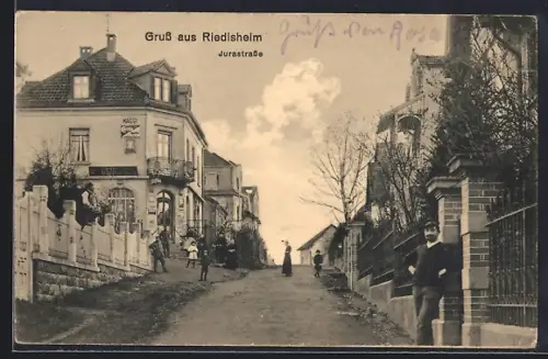 AK Riedisheim, Jurastrasse mit Geschäft