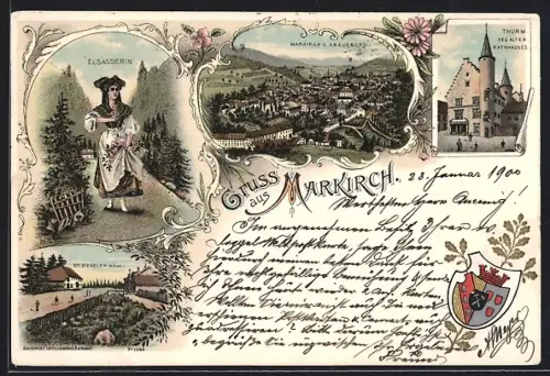 Lithographie Markirch, Vue de la ville avec tour, paysage et femme en costume alsacien