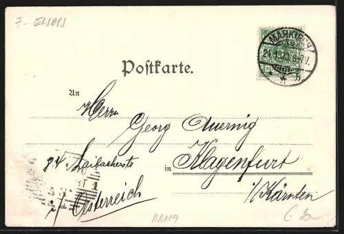 Lithographie Markirch, Vue de la ville avec tour, paysage et femme en costume alsacien