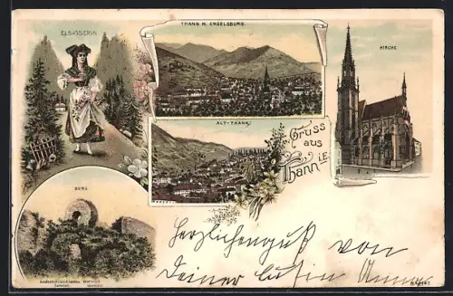 Lithographie Thann, Kirche, Engelsburg und Elsässerin