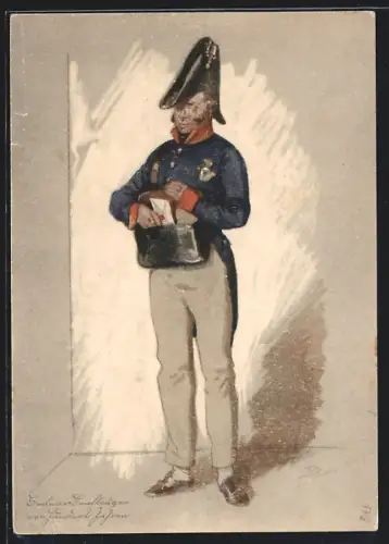 Künstler-AK Berlin, Jahrhundertfeier des Briefspostamtes 1927, Briefträger mit Brieftasche, Ganzsache