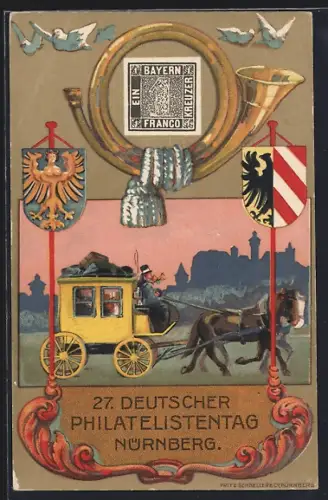 Künstler-AK Nürnberg, 27. Deutscher Philatelisten-Tag 1921, Postkutsche, Postillon & Wappen, Ganzsache