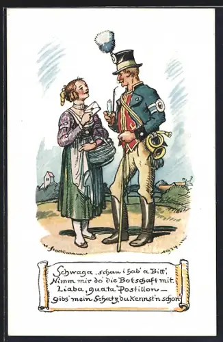 Künstler-AK Junge Frau gibt Briefträger einen Brief, Ganzsache