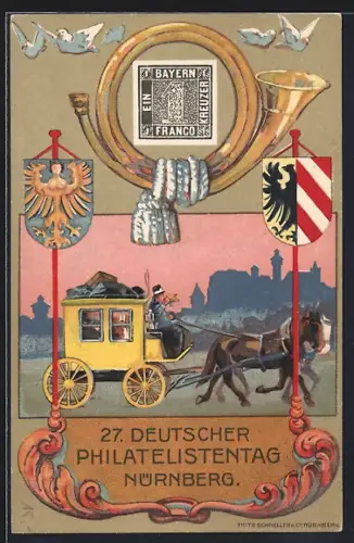 Künstler-AK Nürnberg, 27. Deutscher Philatelisten-Tag 1921, Postkutsche, Postillon & Wappen, Ganzsache