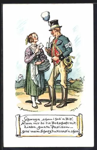 Künstler-AK Stockmann: Junge Frau gibt Briefträger einen Brief, Ganzsache