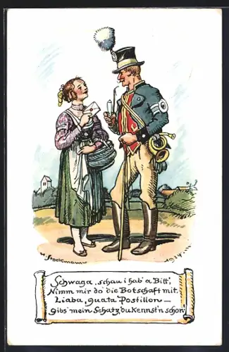 Künstler-AK Stockmann: Junge Frau gibt Briefträger einen Brief, Ganzsache