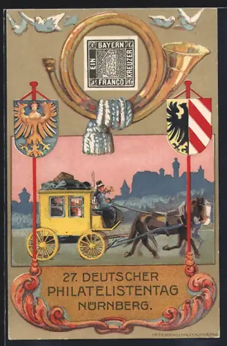 Künstler-AK Nürnberg, 27. Deutscher Philatelisten-Tag 1921, Postkutsche, Postillon & Wappen, Ganzsache
