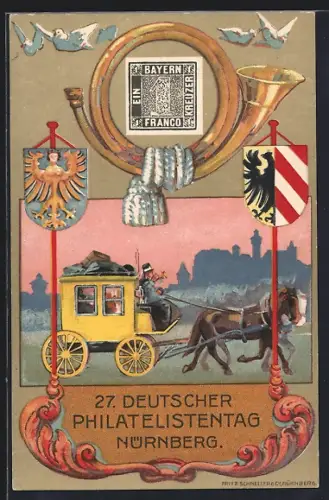 Künstler-AK Nürnberg, 27. Deutscher Philatelisten-Tag 1921, Postkutsche, Postillon & Wappen, Ganzsache