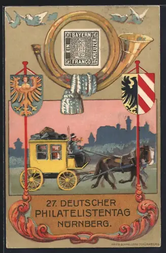 Künstler-AK Nürnberg, 27. Deutscher Philatelisten-Tag 1921, Postkutsche, Postillon & Wappen, Ganzsache