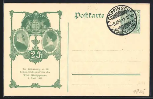 AK Göppingen, Erinnerung an die Silber-Hochzeit des Württ. Königspaares 1911, Ganzsache