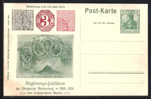 AK Württemberg, Regierungs-Jubiläum 1906 mit Briefmarken, Ganzsache
