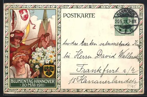 Künstler-AK Hannover, Blumentag 1911, Lautenspieler, Flagge, Wappen, Ganzsache