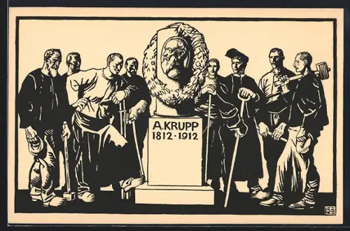 Künstler-AK Hundertjahrfeier der Firma Krupp 1912, Arbeiter am Gedenkstein Alfred Krupp, Ganzsache