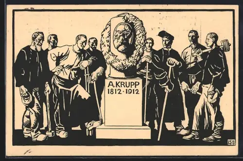 Künstler-AK Hundertjahrfeier der Firma Krupp 1912, Arbeiter am Gedenkstein Alfred Krupp, Ganzsache