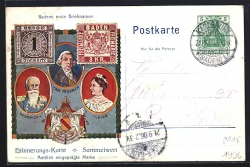 Künstler-AK 100 jähriges Bestehen des Grossherzogtums Baden 1906, Goldene Hochzeit des Grossherzogpaares, Ganzsache