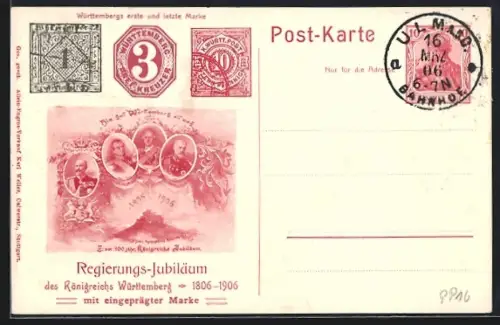 AK Regierungs-Jubiläum des Königreichs Württemberg 1906, Briefmarken, Ganzsache