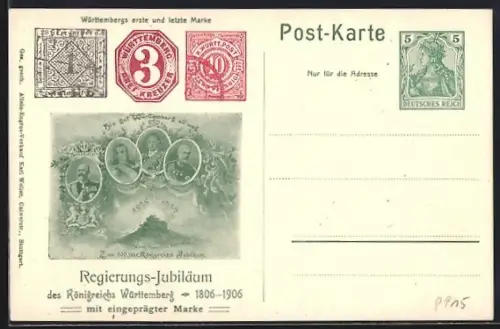 AK Regierungs-Jubiläum des Königreichs Württemberg 1906, Briefmarken, Ganzsache