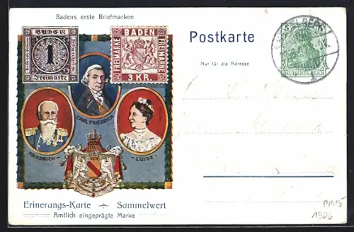 Künstler-AK 100jährige Bestehen des Grossherzogtums Baden, Gold. Hochzeit des Grossherzogpaares 1906, Ganzsache