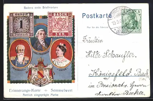 Künstler-AK 100jährige Bestehen des Grossherzogtums Baden, Gold. Hochzeit des Grossherzogpaares 1906, Ganzsache