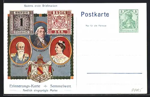 Künstler-AK 100jährige Bestehen des Grossherzogtums Baden, Gold. Hochzeit des Grossherzogpaares 1906, Ganzsache