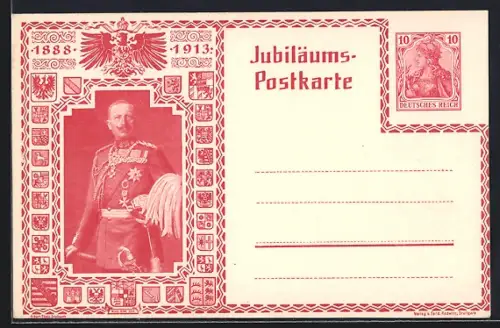 AK Kaiser Wilhelm II. in Uniform, Jubiläum 1913, Ganzsache