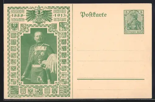 AK Kaiser Wilhelm II. in Uniform, Jubiläum 1913, Wappen, Reichsadler, Ganzsache