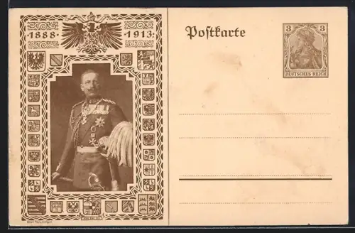AK Kaiser Wilhelm II. in Uniform, Jubiläum 1913, Wappen, Reichsadler, Ganzsache