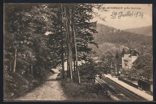 AK Stambach près Saverne, Chemin boisé et vue sur la voie ferrée en direction de la ville