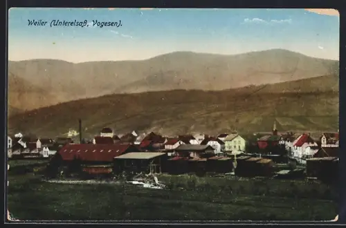 AK Weiler /Unterelsass, Vue du village avec montagnes en arrière-plan