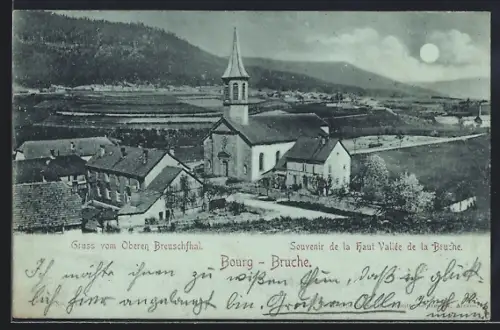Mondschein-AK Bourg /Breuschthal, Ortsansicht im Vollmondlicht