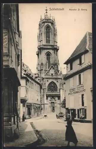 AK Schlettstadt, Münster St. Georg mit Feinbäckerei Eugen Kuntz