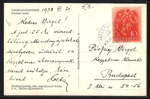 AK Parád-Gyógyfürdö, Erzsébet szálló