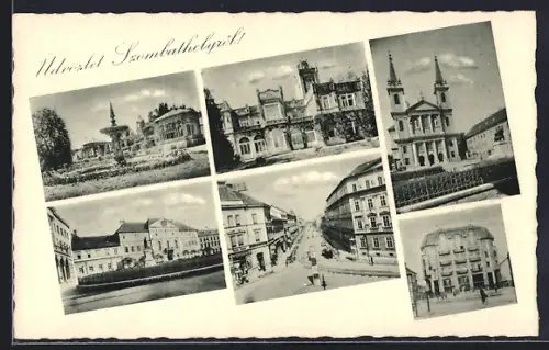 AK Szombathely, Kirche, Brunnen, Strassenpartie