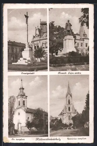 AK Hódmezövásárhely, Országzászló, Kossuth Lajos szobra, Ev. templom