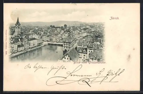 AK Zürich, Blick vom Grossmünster auf den Ort