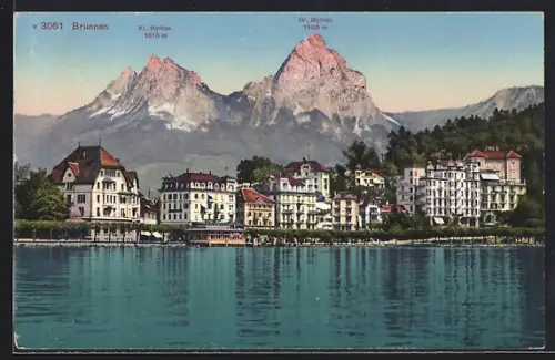 AK Brunnen, Blick übers Wasser zum Ort, Kl. und Gr. Mythen