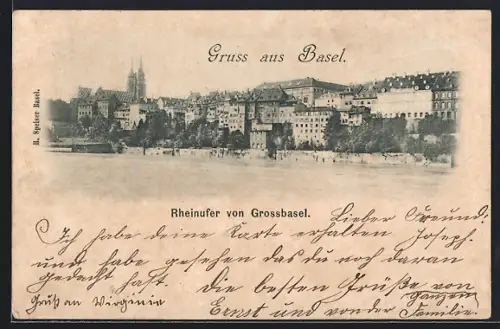 AK Basel, Rheinufer von Grossbasel