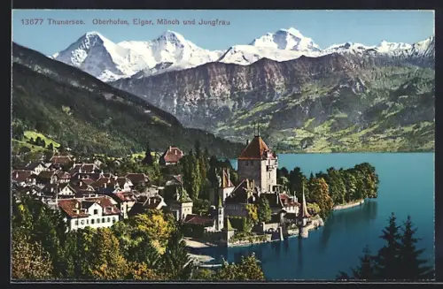 AK Oberhofen /Thunersee, Teilansicht mit Eiger, Mönch und Jungfrau