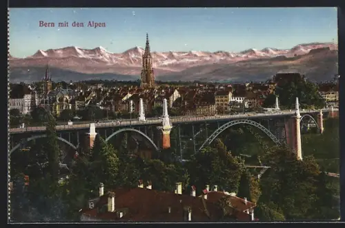 AK Bern, Teilansicht mit Brücke und den Alpen