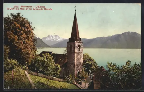 AK Montreux, L`Eglise, la Dent du Midi et les Alpes de Savoie