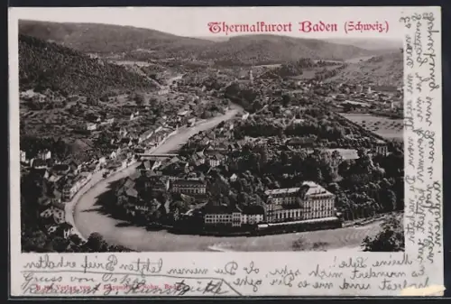 AK Baden /Schweiz, Gesamtansicht mit Fluss aus der Vogelschau
