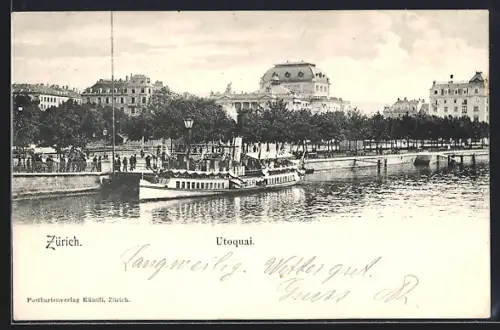 AK Zürich, Utoquai vom Wasser aus, mit Dampfer