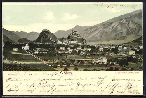 AK Sion, Ortsansicht mit Burgen und Bergpanorama