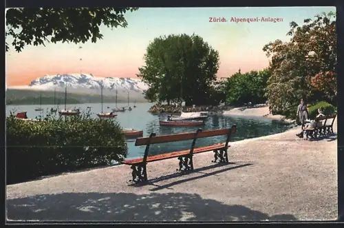 AK Zürich, Alpenquai-Anlagen mit Wasser- u. Alpenblick