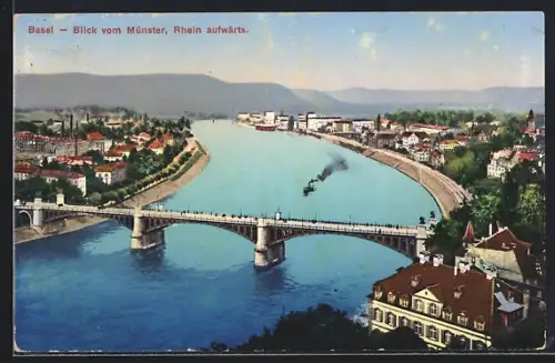 AK Basel, Blick vom Münster, Rhein aufwärts, mit Brücke