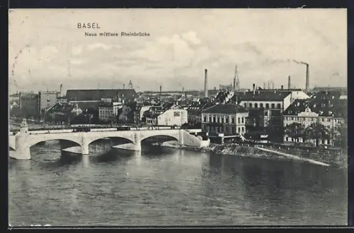 AK Basel, Neue mittlere Rheinbrücke mit Stadtpanorama