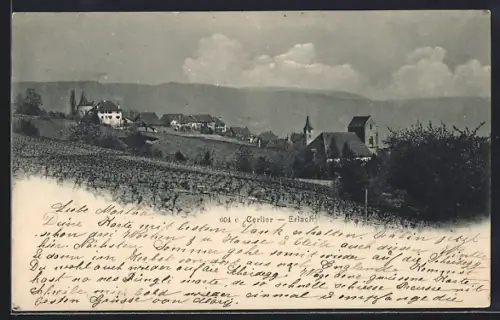 AK Erlach, Ortspanorama von einem Feld aus